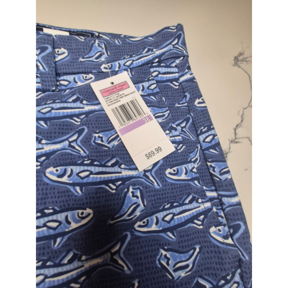 Vineyard Vines Mens 38 8 Inch Breaker Shorts Moonshine Blue Fish Print Novelty - Picture 3 of 11